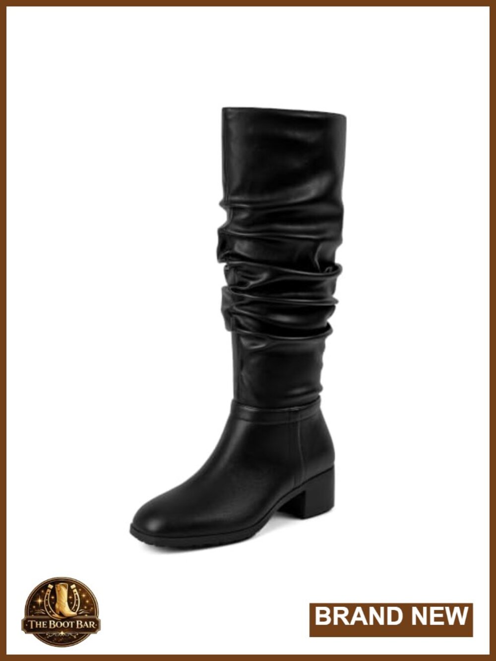 Chunky Heel Knee High Boots Round Toe Side Zipper Faux Leather Non-Slip Lug Sole